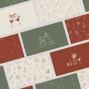 以下が含まれることがあります： 様々なデザインのクリスマスをテーマにしたグリーティングカードのコレクション。カクテル、雪だるま、クリスマスツリー、ギフトボックスのイラストが描かれたカードもあります。カラーパレットは緑、赤、クリーム色で、一部のカードには「Cheers」の文字が書かれています。