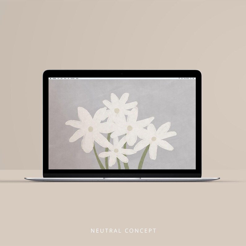 May include: A laptop displaying a floral wallpaper with white flowers on a gray background. The laptop is on a beige surface. The text "NEUTRAL CONCEPT" is at the bottom of the screen.