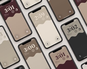 May include: A collection of smartphones displaying digital lock screen wallpapers with a wavy, two-tone color block design in various neutral shades of beige, brown, cream, and dark gray. The screens show the time, date, and weather widgets.