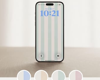 May include: A smartphone with a screen displaying a pastel striped pattern in light blue and white. The time is 10:21 AM, and the date is Monday, April 24th. The phone is on a neutral-toned surface.