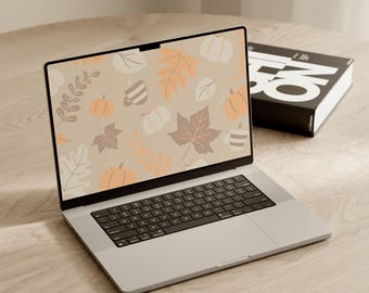 Fall Pumpkin Desktop Wallpaper: Neutral Autumn Leaves Laptop Background (Instant Download)