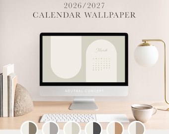 May include: A computer monitor displaying a 2026/2027 calendar wallpaper with a sage green and cream arch design. The screen shows the month of March with a grid of dates. Below the monitor is a white keyboard, a ceramic mug, and books.