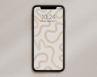 Puede incluir: Un teléfono inteligente negro con un fondo blanco y un patrón de líneas beige. La pantalla muestra la hora 10:24 y la fecha martes 13 de septiembre.