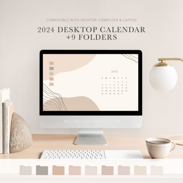 2024 Desktop Kalender 12 Monate Warmer Neutraler Kalender für Laptop Monatlicher Digitaler Kalender Neutrale Schreibtisch Ordner | Sofort Download