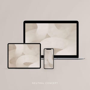 May include: A neutral-toned abstract design is displayed on three devices: a laptop, a tablet, and a smartphone. The design features soft, flowing lines in shades of beige and white.