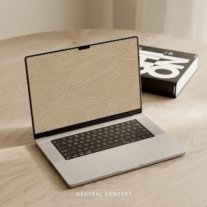 Papier peint numérique esthétique pour ordinateur de bureau Fond d'ordinateur portable neutre marron minimaliste Lignes blanches organiques écran beige | Téléchargement instantané