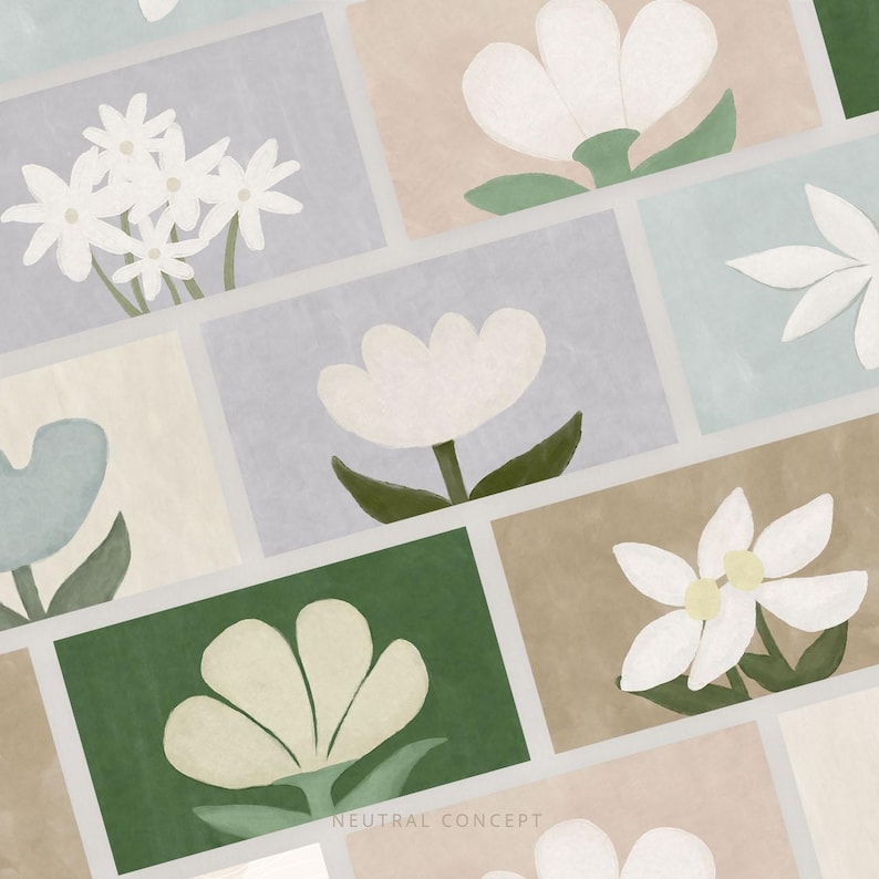 May include: A collection of floral illustrations in a grid pattern. Each square features a different flower design in white, light blue, and cream colors, set against a backdrop of neutral tones. The text "NEUTRAL CONCEPT" is at the bottom.