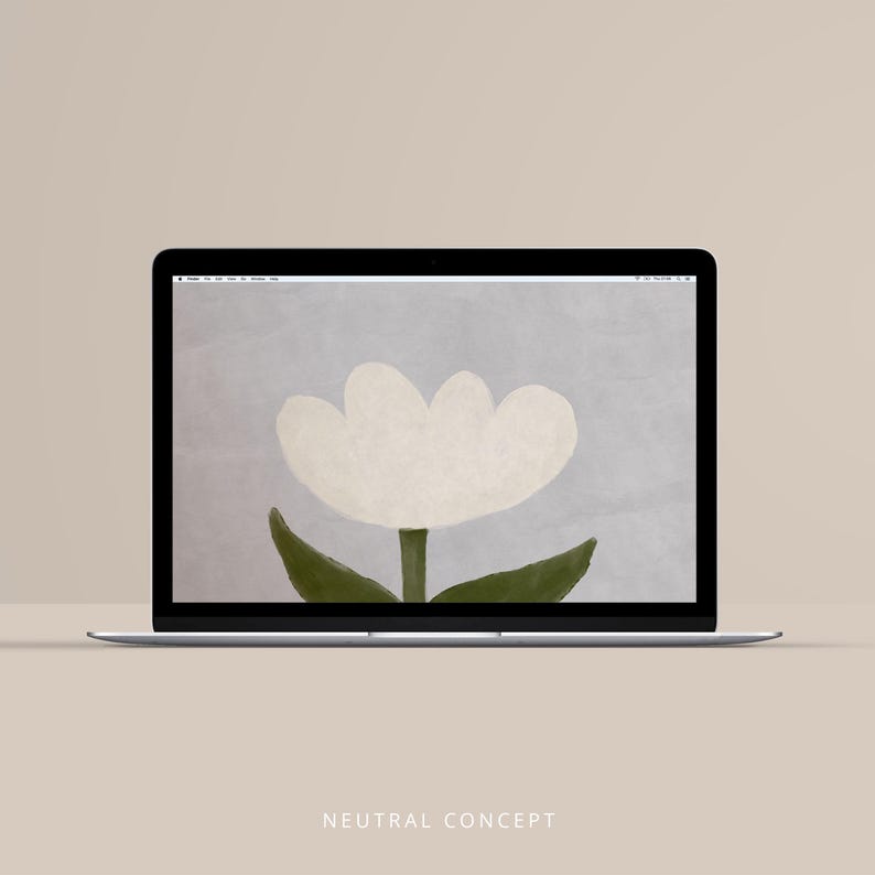 May include: A laptop displays a digital art print of a white tulip flower with green leaves and stem against a light blue background. The laptop is on a beige surface. The text "NEUTRAL CONCEPT" is at the bottom of the screen.
