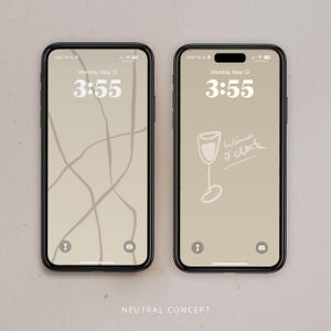 May include: Two smartphones with beige backgrounds. One features abstract brown lines, the other a wine glass illustration with "Wine o'clock" text. Both display the date and time: Monday, May 12, 3:55. The phrase "NEUTRAL CONCEPT" is at the bottom.