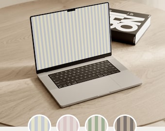 May include: A silver laptop with a black keyboard displays a screen with vertical light blue and cream stripes. The text NEUTRAL CONCEPT appears above the screen. Four circular swatches below show stripe patterns in blue, pink, green, and brown.
