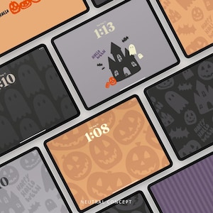 Może przedstawiać: Kolekcja tabletów wyświetlających różne cyfrowe tapety z motywem Halloween. Ekrany przedstawiają wzory pomarańczowych dyń, ciemnoszarych duchów, czarnych nawiedzonych domów i nietoperzy wraz z cyfrowymi zegarami i napisem Happy Halloween.