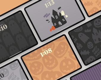 May include: A collection of tablets displaying various digital Halloween-themed wallpapers. The screens feature patterns of orange pumpkins, dark gray ghosts, black haunted houses, and bats, with digital clock displays and the text Happy Halloween.