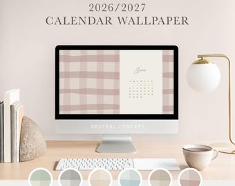 May include: A computer monitor displaying a 2026/2027 calendar wallpaper with a pink and white plaid pattern on the left and a June calendar grid on the right. The screen shows the text 2026/2027 CALENDAR WALLPAPER and NEUTRAL CONCEPT.