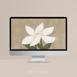 May include: A computer monitor displays a digital illustration of a white flower with yellow centers and green leaves against a tan background. The words "NEUTRAL CONCEPT" are at the bottom of the screen.