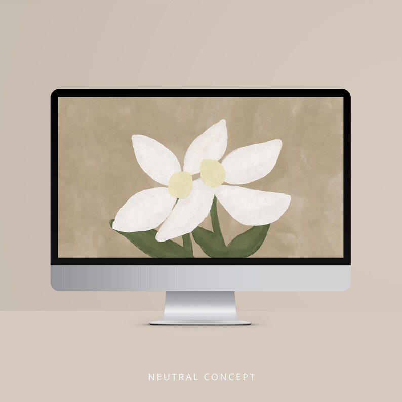 May include: A computer monitor displays a digital illustration of a white flower with yellow centers and green leaves against a tan background. The words "NEUTRAL CONCEPT" are at the bottom of the screen.