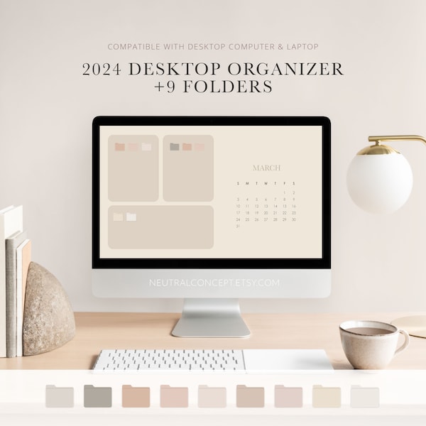 2024 Calendar Wallpaper 12 Month Minimalist Aesthetic Calendar for Laptop Computer Warm Neutral Folders Background | Instant Download