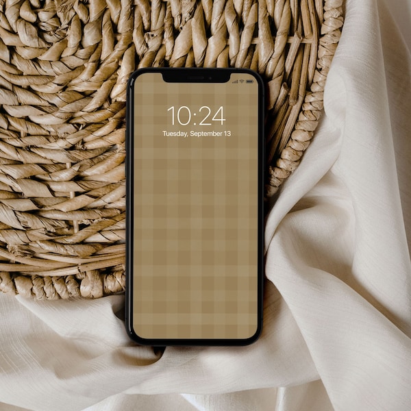 Fall Neutral Gingham Aesthetic Phone Wallpaper Warm Dark Beige Iphone Home Screen Background | Instant Download