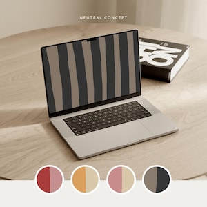 May include: A laptop computer with a striped pattern on the screen. The laptop is on a wooden table with a book on the side. The image includes a color palette of red, pink, orange, beige, gray, and black.