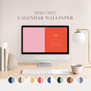 May include: A computer monitor displaying a 2026/2027 calendar wallpaper with a split-screen design in pink and orange, featuring the month of July. Below the screen, eight circular color swatches show various two-tone color combinations.