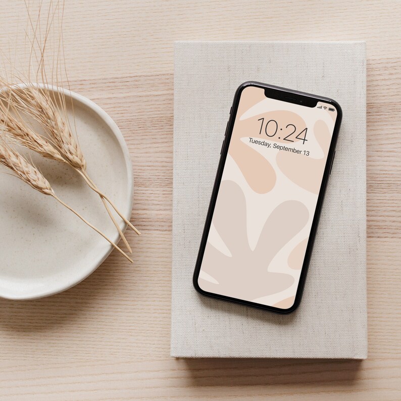 K&ouml;nnte beinhalten: Ein schwarzes Smartphone mit einer abstrakten Tapete in Wei&szlig; und Beige. Die Uhrzeit ist 10:24 Uhr und das Datum ist Dienstag, 13. September.