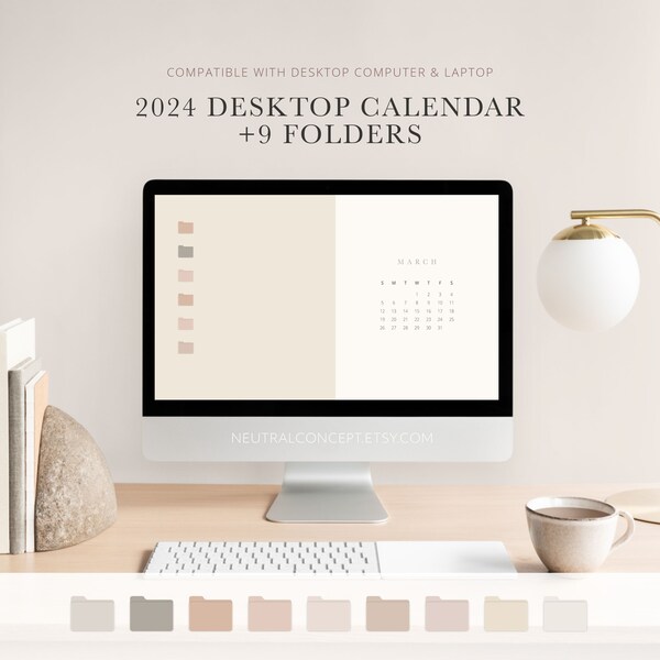 2024 Calendar Wallpaper 12 Month Aesthetic Calendar for Laptop and Computer Warm Neutral Background Desktop Folders | Instant Download