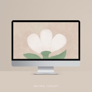 May include: A computer monitor displays a digital illustration of a white flower with green leaves against a beige background. The text "NEUTRAL CONCEPT" is at the bottom of the screen.