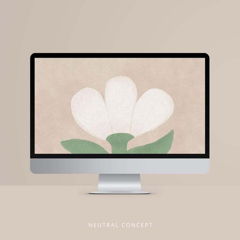 May include: A computer monitor displays a digital illustration of a white flower with green leaves against a beige background. The text "NEUTRAL CONCEPT" is at the bottom of the screen.