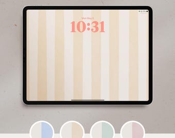 May include: A digital tablet with a black bezel displays a striped wallpaper in cream and white. The time, 10:31, is displayed in a coral color. The text "NEUTRAL CONCEPT" is at the top. Four color swatches are at the bottom.