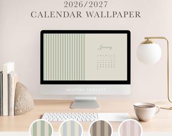 May include: A computer monitor displaying a 2026/2027 calendar wallpaper with a vertical striped pattern in sage green and a January monthly view. The screen includes the text 2026/2027 CALENDAR WALLPAPER and NEUTRAL CONCEPT below the display.