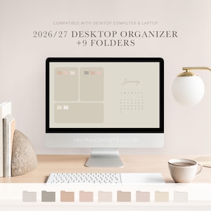 Könnte beinhalten: Ein Computermonitor zeigt ein 2026/27 Desktop-Organizer-Hintergrundbild mit einem Januar-Kalender und drei rechteckigen Bereichen. Der Text auf dem Bildschirm lautet COMPATIBLE WITH DESKTOP COMPUTER & LAPTOP, 2026/27 DESKTOP ORGANIZER +9 FOLDERS.