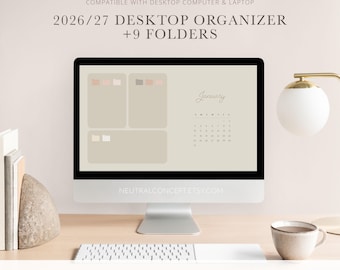 May include: A computer monitor displaying a 2026/27 desktop organizer wallpaper with a January calendar and three rectangular sections. The screen text reads COMPATIBLE WITH DESKTOP COMPUTER & LAPTOP, 2026/27 DESKTOP ORGANIZER +9 FOLDERS.