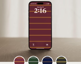 May include: A smartphone displaying a digital wallpaper with a maroon background and horizontal gold stripes. The screen shows the time 2:16 and the date Mon May 18. Four circular swatches below show the same striped pattern in maroon, green, blue, and black.
