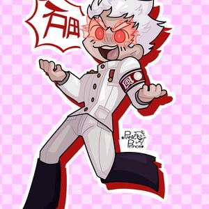 May include: A cartoon illustration of a white-haired character with red eyes and a wide open mouth. The character is wearing a white uniform with a red armband that has a white circle with a red dot in the center. The character is holding their arms out to the sides and has a red speech bubble above their head that says "有" in Japanese.