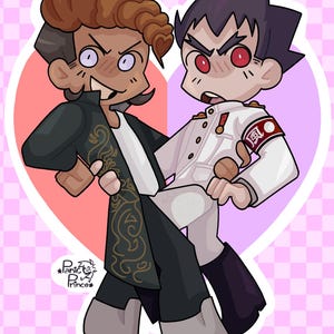 May include: A cartoon illustration of two characters, one with brown hair and a black jacket, the other with black hair and a white uniform. The characters are in a playful pose, with the character in the black jacket holding the other character's leg. The background is a pink and purple heart.