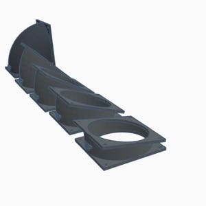 May include: A series of dark gray, geometric shapes, possibly components of a larger structure, are arranged in a curved line. Each piece has a square base and a circular opening, suggesting a modular design.