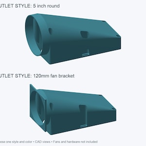 Puede incluir: Dos adaptadores de conducto rectangulares y cónicos de color verde azulado. La unidad superior está etiquetada como OUTLET STYLE: 5 inch round. La unidad inferior está etiquetada como OUTLET STYLE: 120mm fan bracket. El texto inferior dice: Choose one style and color • CAD views • Fans and hardware not included.