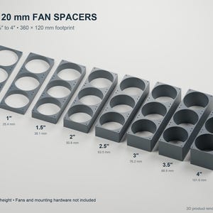 May include: Eight grey triple 120 mm fan spacers arranged by height from 12.7 mm to 101.6 mm. Each rectangular spacer features three circular cutouts and mounting holes. Text reads: TRIPLE 120 mm FAN SPACERS, Eight heights, 1/2 to 4, 360 x 120 mm footprint.