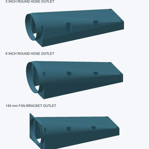 Puede incluir: Una ventilación lateral de triple ventilador de 140 mm con una base de montaje de 420 x 140 mm. La imagen muestra tres estilos de salida: una salida de manguera redonda de 5 pulgadas, una de 6 pulgadas y una salida de soporte de ventilador de 140 mm.