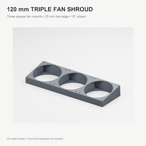May include: A gray 120 mm triple fan shroud featuring three square fan mounts, a 25 mm low edge, and a 10 degree angle. The text 120 mm TRIPLE FAN SHROUD, Three square fan mounts, 25 mm low edge, 10 degree shown, and 3D model render are visible.