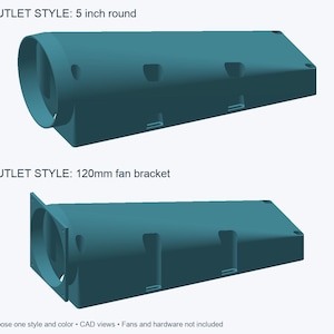Op de afbeelding: Twee talingkleurige, taps toelopende, langwerpige kanaalcomponenten. De bovenste eenheid heeft een ronde uitlaatstijl van 5 inch. De onderste eenheid heeft een uitlaatstijl met een 120mm ventilatorbeugel. Tekst: OUTLET STYLE: 5 inch round, 120mm fan bracket.