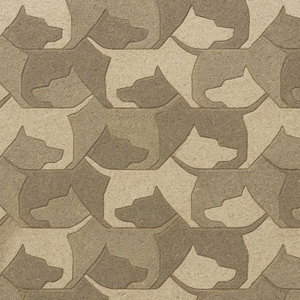 May include: A repeating pattern of dog silhouettes in shades of gray and beige, forming a textured surface. The design is reminiscent of a tessellation. A strip of green grass borders the right side of the pattern.