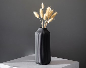 Vase en céramique avec rainures en noir mat - Vase moderne pour herbe de pampa, fleurs fraîches, fleurs séchées, décoration bohème, décoration d'intérieur pour rebord de fenêtre