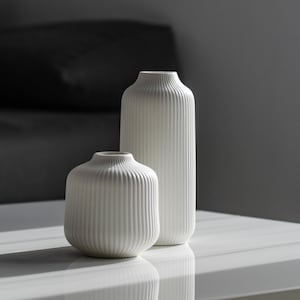 Keramik Vase mit Rillen in Weiß Matt moderne Vase Deko für Pampasgras frische Blumen Trockenblumen, Boho Deko Wohnungsdeko für Fensterbank S+L Set (14+25CM)