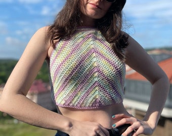Crop-Top Tie and Back Neck Crochet , Strappy multicolor crop-Top, Hand Knit Colorful Crop Top, Summer Top, birthday gifts for her, Yoga Tops