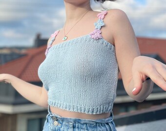 Crop-Top Cute, Baby Blue with Flower Motif on its Strap for Women, Strappy Crop-Top, Hand Knit Baby Blue Top