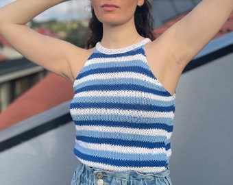 Crop-Top Cute, Striped, Blue and White  for Women, Hand Knit, Halter Neckline