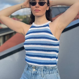 Crop-Top Cute, Striped, Blue and White for Women, Hand Knit, Halter Neckline image 1