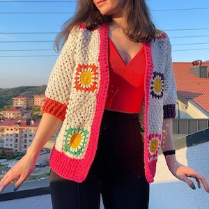 Gift for her,Crochet Summer Colorful Cardigan, Woman Cardigan, Multicolor Patchwork Cardigan, Hand Knit Sweater, Knitted Rainbow Sweater zdjęcie 1