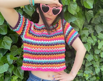 Colorful Blouse, striped knit blouse for women, chunky cozy trendy woman blouse, rainbow knitting, woman style, pastel and bright blouses