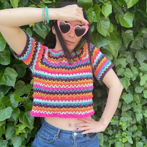 Colorful Blouse, striped knit blouse for women, chunky cozy trendy woman blouse, rainbow knitting, woman style, pastel and bright blouses image 1